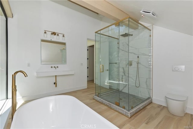 216 Leonard Ln, Big Bear, CA 92386 - full bath with a soaking tub, wood finished floors, and a shower stall