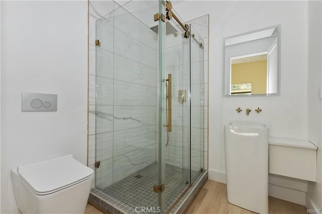 216 Leonard Ln, Big Bear, CA 92386 - bathroom with a shower stall and wood finished floors