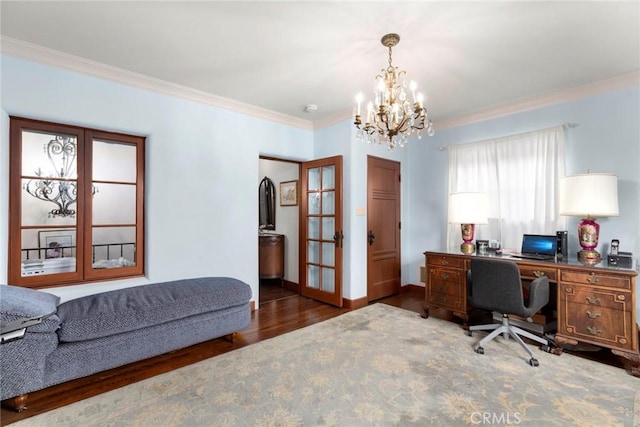 1811 N Flower St, Santa Ana, CA 92706 - office featuring ornamental molding, wood finished floors, a chandelier, and french doors