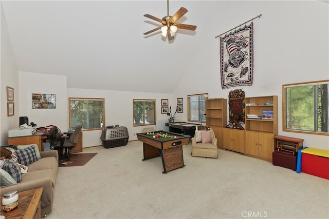 325 Brentwood, Lake Arrowhead, CA 92352 - carpeted living room with high vaulted ceiling, a ceiling fan, and a desk