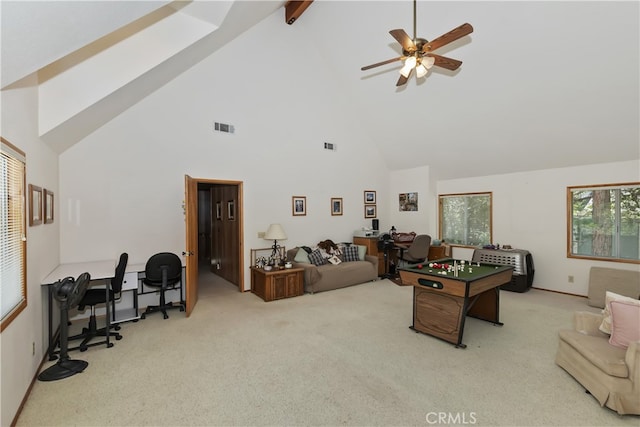 325 Brentwood, Lake Arrowhead, CA 92352 - recreation room featuring high vaulted ceiling, carpet flooring, an office area, ceiling fan, and beam ceiling