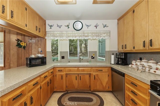 325 Brentwood, Lake Arrowhead, CA 92352 - kitchen featuring dishwasher, tasteful backsplash, black microwave, light countertops, and light tile patterned floors