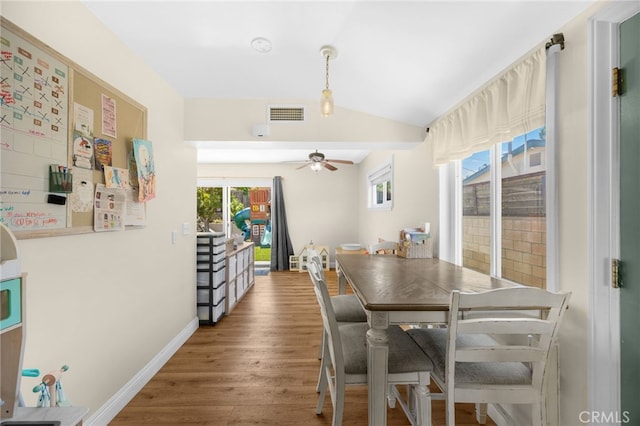 1051 Russell St, La Habra, CA 90631 - dining room with a ceiling fan, wood finished floors, and vaulted ceiling