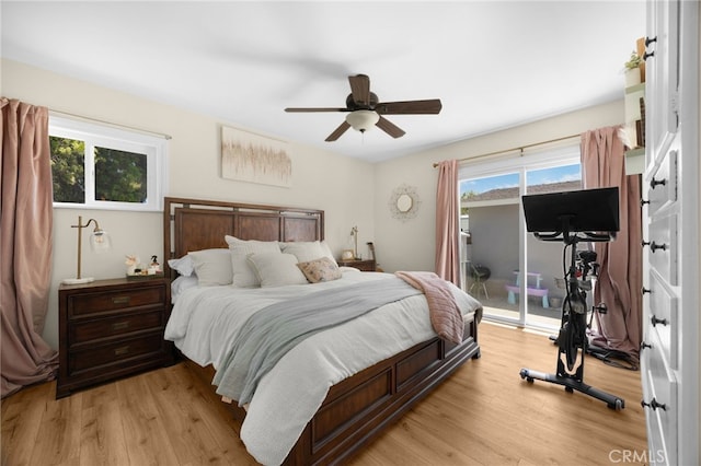 1051 Russell St, La Habra, CA 90631 - bedroom with access to exterior, light wood-type flooring, and a ceiling fan