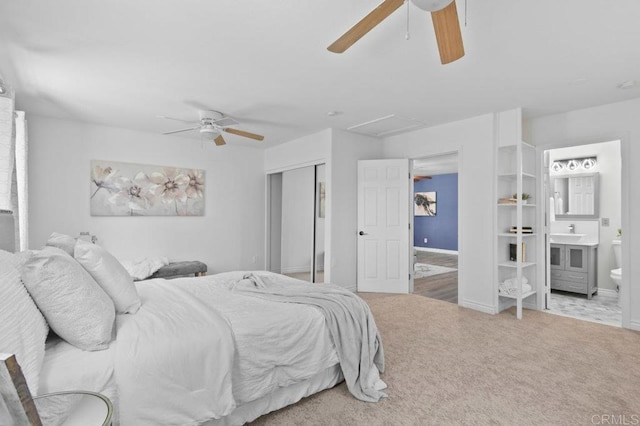 506 Broadview St, Spring Valley, CA 91977 - carpeted bedroom featuring a closet, ensuite bathroom, a ceiling fan, and attic access