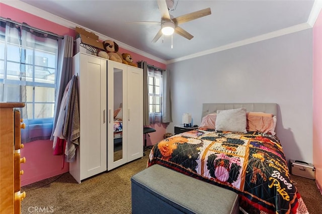 2118 W 84th St, Los Angeles, CA 90047 - carpeted bedroom featuring crown molding and ceiling fan