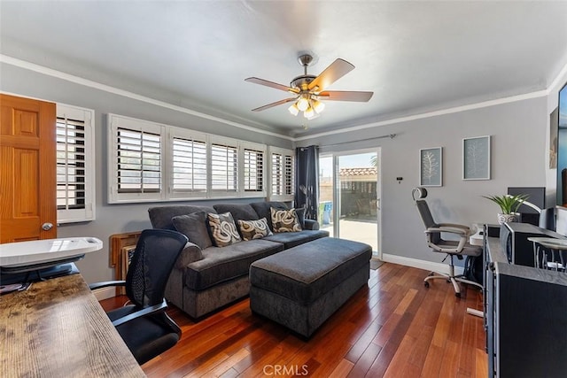 2118 W 84th St, Los Angeles, CA 90047 - office area featuring a ceiling fan, dark wood-style flooring, and ornamental molding