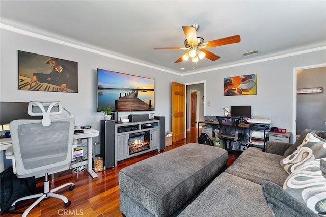 2118 W 84th St, Los Angeles, CA 90047 - living area featuring a desk, ceiling fan, wood finished floors, and ornamental molding