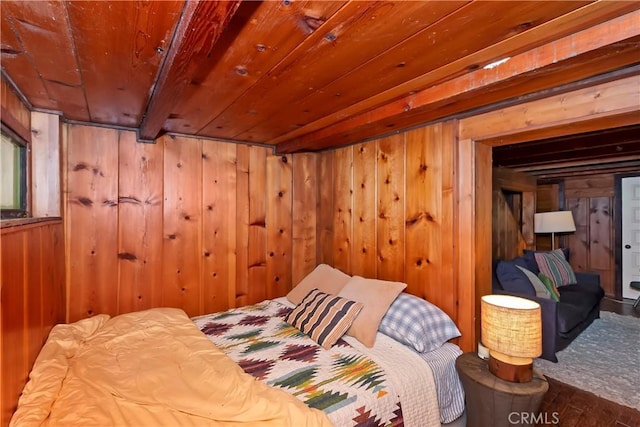 714 Blue Jay Canyon Rd, Lake Arrowhead, CA 92317 - bedroom featuring wood walls, wood finished floors, and wood ceiling