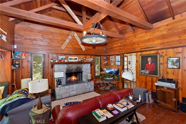 714 Blue Jay Canyon Rd, Lake Arrowhead, CA 92317 - living room with wood ceiling, wood finished floors, a fireplace, and wooden walls