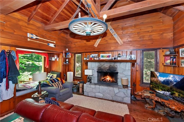 714 Blue Jay Canyon Rd, Lake Arrowhead, CA 92317 - living room featuring a fireplace, wood walls, and wood ceiling