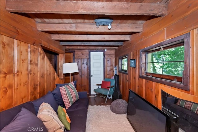 714 Blue Jay Canyon Rd, Lake Arrowhead, CA 92317 - living room featuring wood walls, a wooden ceiling with exposed beams, and wood finished floors