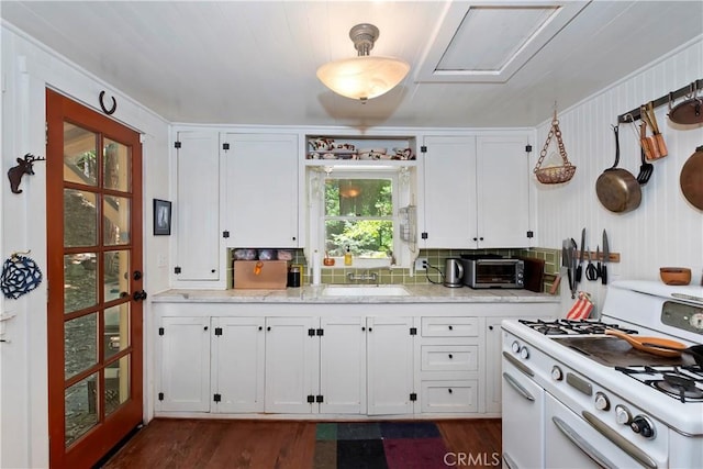 714 Blue Jay Canyon Rd, Lake Arrowhead, CA 92317 - kitchen featuring white range with gas stovetop, white cabinetry, and dark wood-type flooring