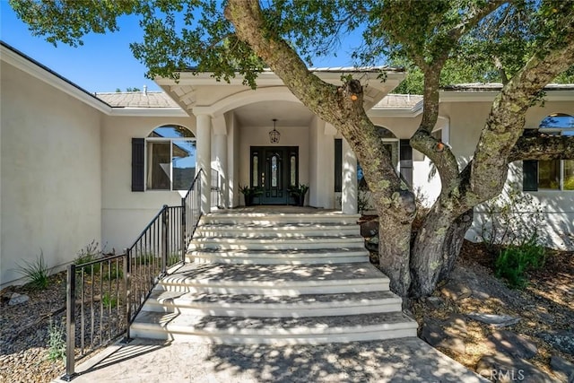 7105 Rayar Rd, Atascadero, CA 93422 - doorway to property featuring stucco siding and french doors