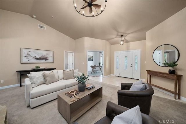 7105 Rayar Rd, Atascadero, CA 93422 - living area featuring a chandelier, light carpet, and high vaulted ceiling