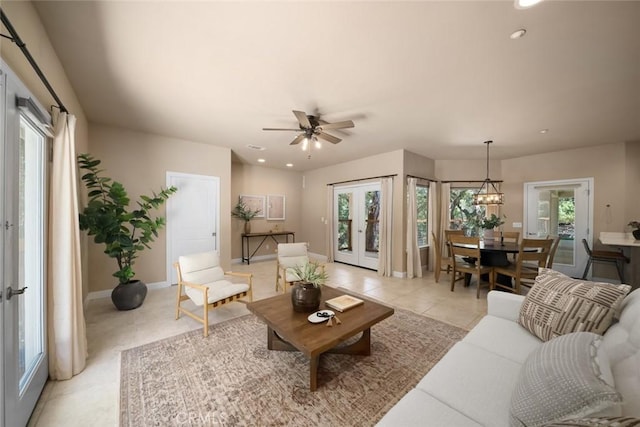 7105 Rayar Rd, Atascadero, CA 93422 - living room with light tile patterned flooring, recessed lighting, and ceiling fan
