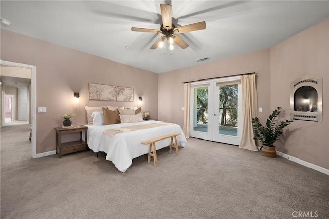 7105 Rayar Rd, Atascadero, CA 93422 - bedroom with access to exterior, french doors, carpet, and a ceiling fan