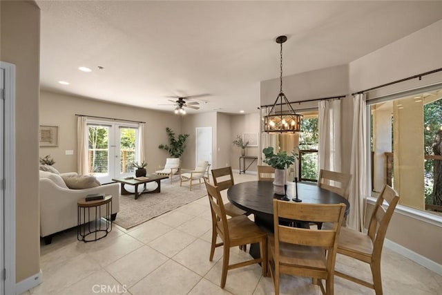7105 Rayar Rd, Atascadero, CA 93422 - dining space featuring a chandelier, light tile patterned flooring, recessed lighting, a ceiling fan, and french doors