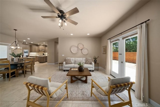 7105 Rayar Rd, Atascadero, CA 93422 - living area featuring recessed lighting, french doors, ceiling fan, and a chandelier