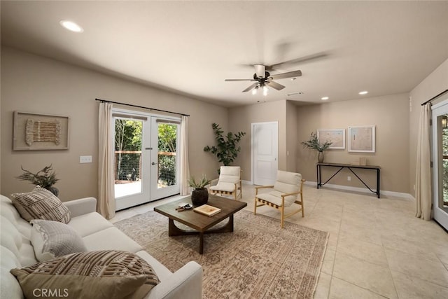 7105 Rayar Rd, Atascadero, CA 93422 - living room with recessed lighting, french doors, healthy amount of natural light, ceiling fan, and light tile patterned floors