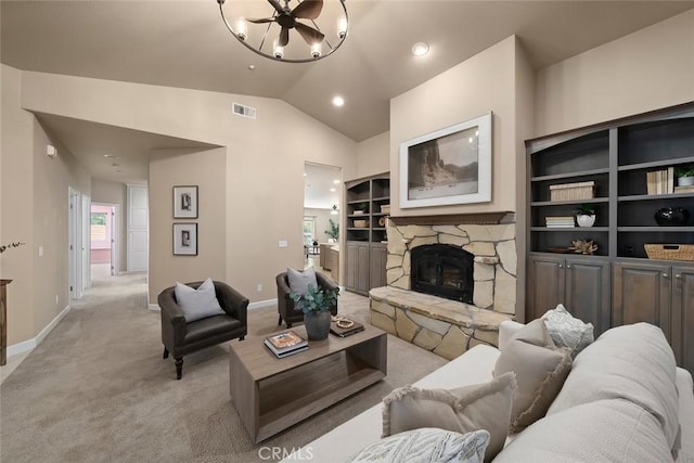 7105 Rayar Rd, Atascadero, CA 93422 - living area featuring a fireplace, light carpet, lofted ceiling, a chandelier, and recessed lighting