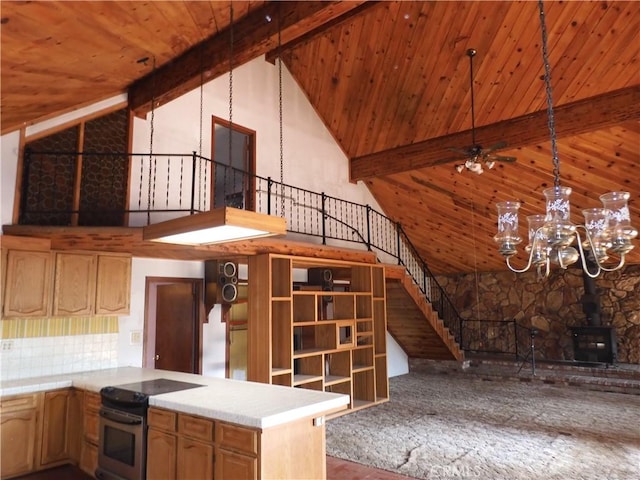 17216 Cedar Way, Clearlake Oaks, CA 95423 - stairs featuring high vaulted ceiling, a wood ceiling with exposed beams, a wood stove, and a chandelier