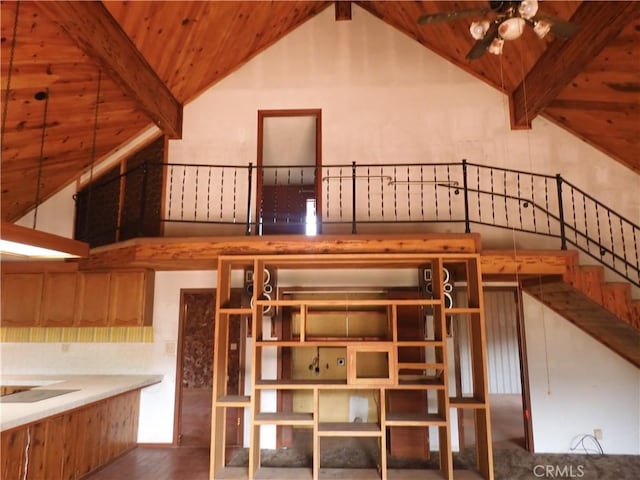 17216 Cedar Way, Clearlake Oaks, CA 95423 - stairs featuring wood ceiling, a ceiling fan, and wood finished floors