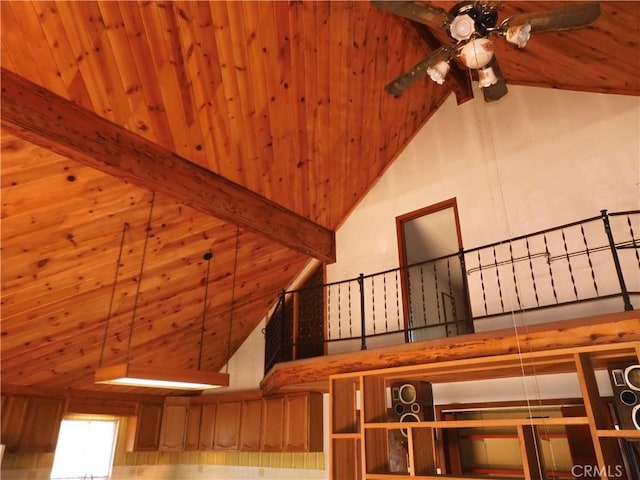 17216 Cedar Way, Clearlake Oaks, CA 95423 - staircase with a ceiling fan, a wood ceiling with exposed beams, and high vaulted ceiling