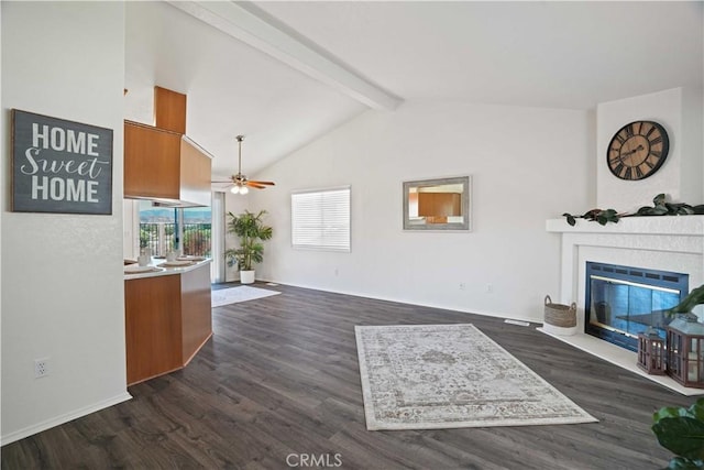 20128 Shadow Island Dr, Canyon Country, CA 91351 - unfurnished living room featuring a fireplace with flush hearth, a ceiling fan, and dark wood-style floors