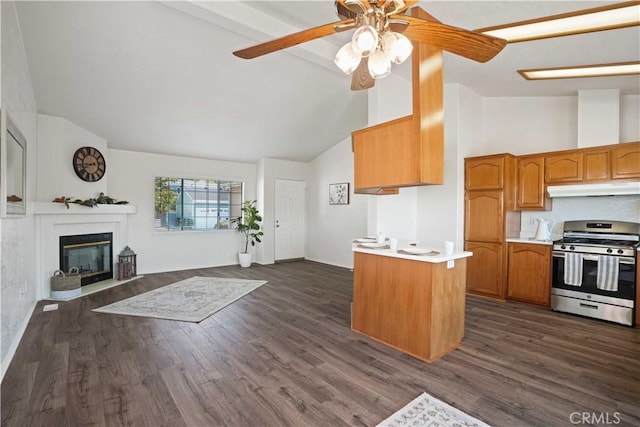 20128 Shadow Island Dr, Canyon Country, CA 91351 - kitchen featuring stainless steel range with gas stovetop, under cabinet range hood, light countertops, a ceiling fan, and brown cabinets