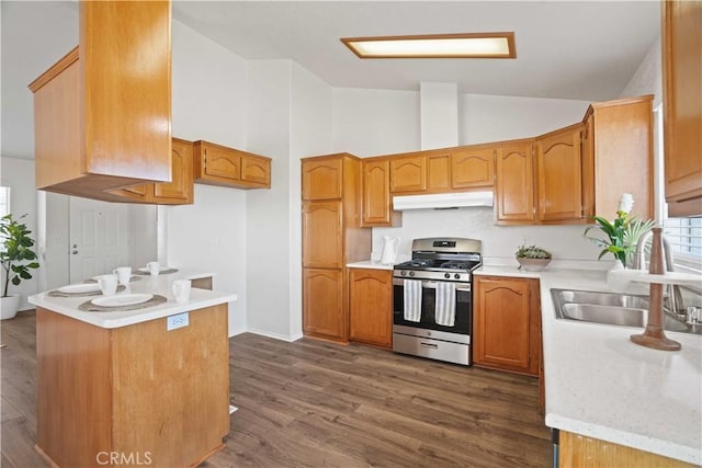 20128 Shadow Island Dr, Canyon Country, CA 91351 - kitchen featuring gas stove, under cabinet range hood, light countertops, high vaulted ceiling, and brown cabinets