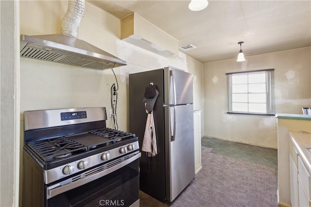 2008 W 166th St, Torrance, CA 90504 - kitchen with stainless steel appliances, wall chimney range hood, dark colored carpet, light countertops, and white cabinetry