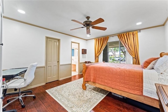2117 N Westwood Ave, Santa Ana, CA 92706 - bedroom with crown molding, dark wood-style flooring, recessed lighting, a ceiling fan, and ensuite bathroom