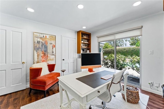 2117 N Westwood Ave, Santa Ana, CA 92706 - office with crown molding, dark wood finished floors, and recessed lighting