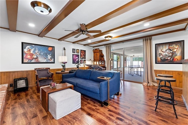 2117 N Westwood Ave, Santa Ana, CA 92706 - living area featuring a wainscoted wall, beam ceiling, wood finished floors, a ceiling fan, and wood walls