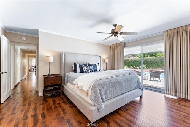 2117 N Westwood Ave, Santa Ana, CA 92706 - bedroom with crown molding, access to outside, dark wood finished floors, and ceiling fan