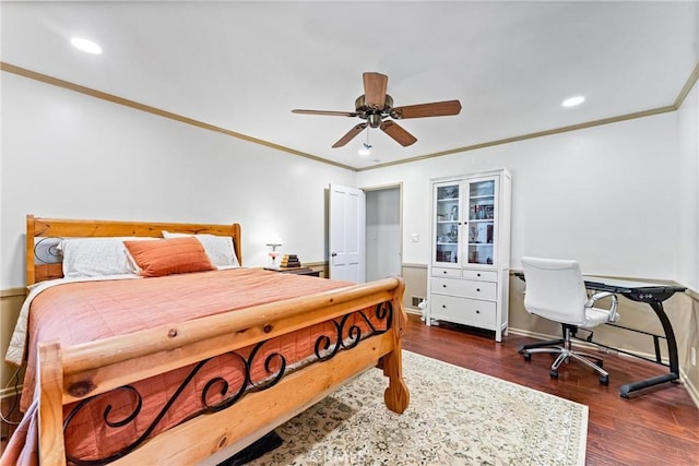 2117 N Westwood Ave, Santa Ana, CA 92706 - bedroom with crown molding, wood finished floors, recessed lighting, and a ceiling fan