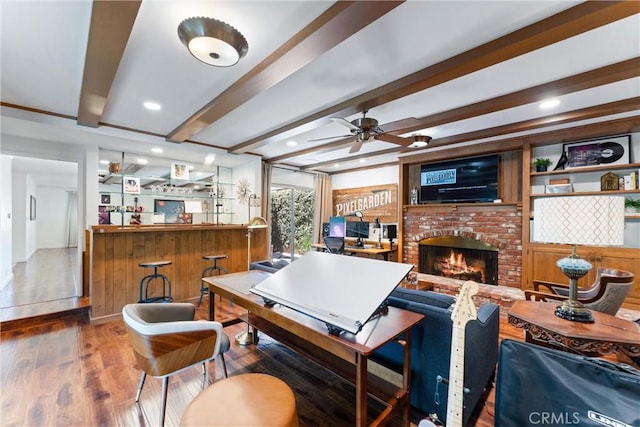 2117 N Westwood Ave, Santa Ana, CA 92706 - living room featuring wood finished floors, beam ceiling, a fireplace, a ceiling fan, and recessed lighting