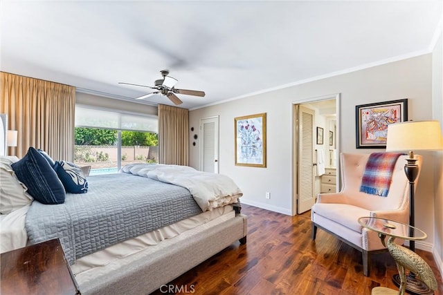 2117 N Westwood Ave, Santa Ana, CA 92706 - bedroom featuring crown molding, wood finished floors, access to outside, ceiling fan, and ensuite bath