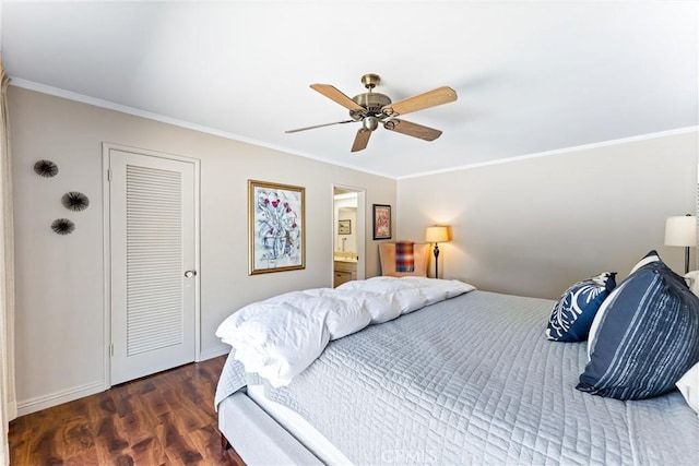 2117 N Westwood Ave, Santa Ana, CA 92706 - bedroom featuring crown molding, wood finished floors, a ceiling fan, and ensuite bath