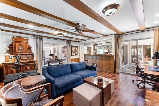 2117 N Westwood Ave, Santa Ana, CA 92706 - living room with beam ceiling, wood finished floors, a ceiling fan, and an office area