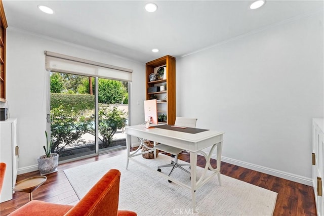 2117 N Westwood Ave, Santa Ana, CA 92706 - home office with crown molding, recessed lighting, and wood finished floors