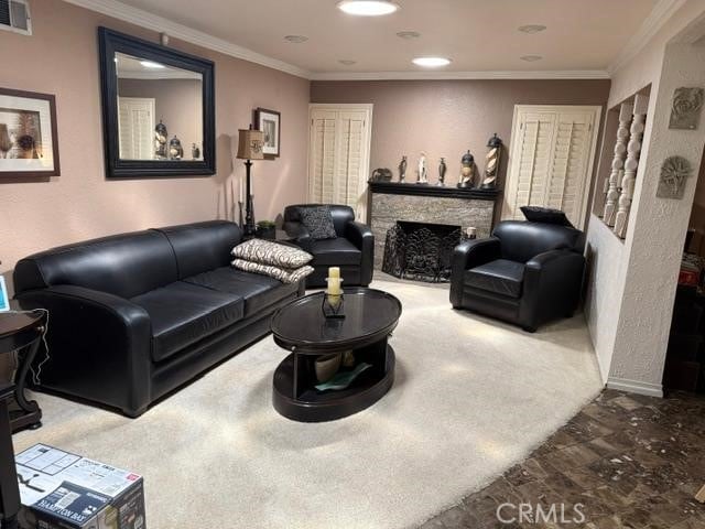 830 W Heber St, Glendora, CA 91741 - living room featuring ornamental molding, a stone fireplace, and recessed lighting