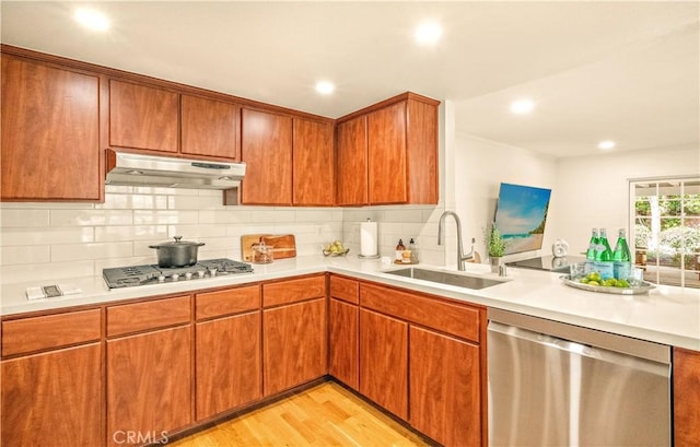 10601 Eton Ave, Chatsworth, CA 91311 - kitchen featuring appliances with stainless steel finishes, under cabinet range hood, light countertops, tasteful backsplash, and light wood-type flooring