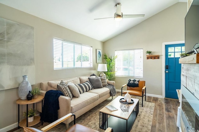 3721 Chamoune Ave, San Diego, CA 92105 - living room with wood finished floors, lofted ceiling, and a ceiling fan