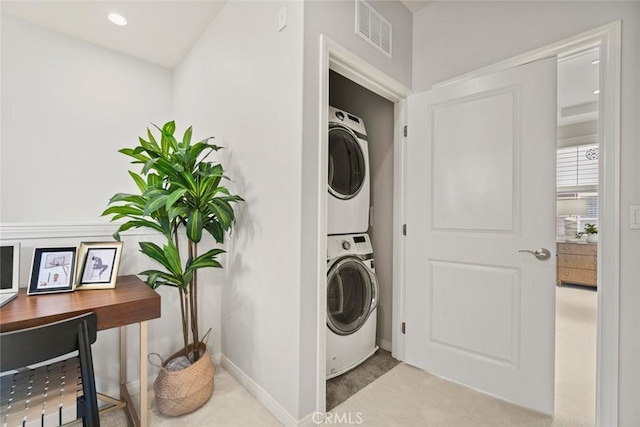 111 Thornhurst, Irvine, CA 92620 - laundry room featuring stacked washer / drying machine, carpet, and recessed lighting