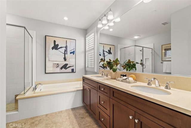 111 Thornhurst, Irvine, CA 92620 - full bathroom with a shower stall, double vanity, a garden tub, and tile patterned floors
