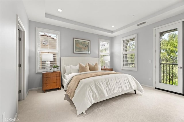 111 Thornhurst, Irvine, CA 92620 - bedroom with access to outside, light carpet, a raised ceiling, and recessed lighting