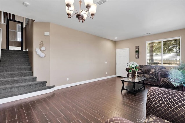 13695 Mesa Linda Ave, Victorville, CA 92392 - living room featuring stairway, a chandelier, dark wood finished floors, and recessed lighting