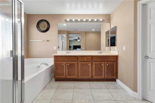 13695 Mesa Linda Ave, Victorville, CA 92392 - bathroom with marble finish flooring, double vanity, a garden tub, a stall shower, and a ceiling fan